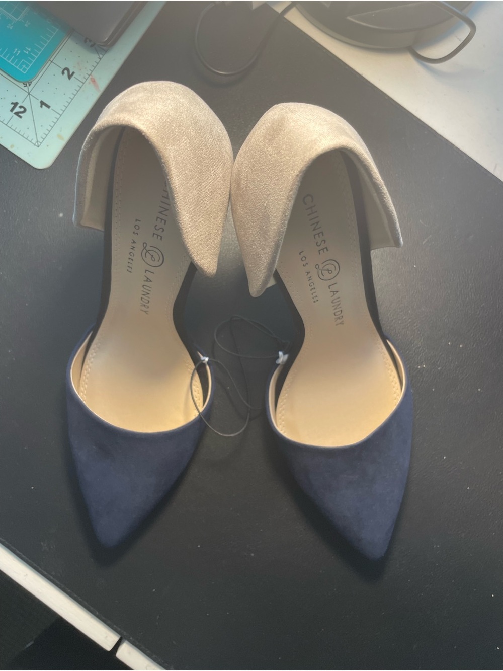 Chinese Laundry Z-Stella Pointed Toe Pumps Navy Blue and Light Gray Faux Suede